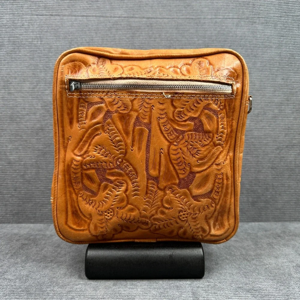 Vintage Hand Tooled Leather Duffel Bag Tan Floral Western Travel Weekender Bag